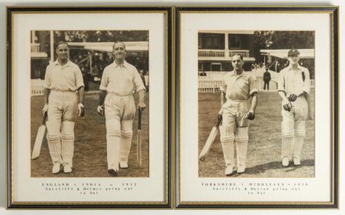 Yorkshire. Two original mono press photographs, one of Sutcliffe and Holmes walking out to bat in 1932 playing for England against India in 1932 and the other of Sutcliffe and Hutton walking out to open the batting for Yorkshire against Middlesex in 1938