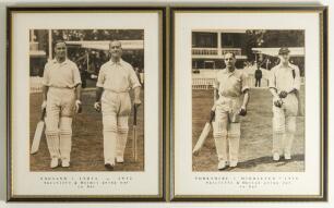 Yorkshire. Two original mono press photographs, one of Sutcliffe and Holmes walking out to bat in 1932 playing for England against India in 1932 and the other of Sutcliffe and Hutton walking out to open the batting for Yorkshire against Middlesex in 1938