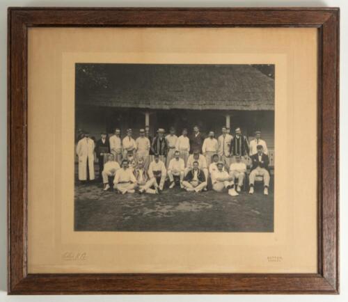 W.G. Grace at the cricket circa 1900. Large original mono photograph of two cricket teams, seated and standing in rows, at the front of a cricket pavilion in the early 1900s. Grace is seated in the second row wearing cricket attire. Match unknown. The pho