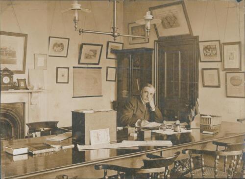 Surrey C.C.C. Scenes of The Oval 1895. Three original sepia photographs depicting the club secretary, Charles Alcock, seated in his office, another of groundsman Samuel Apted seated in the Long Room, and a view of the entrance to the pavilion. The photogr