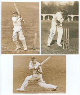 England Test cricketers 1930s. Three original sepia press photographs of England players in action, each nicely signed in ink by the featured player. Players/ signatures are E.R.T. Holmes (Surrey, Oxford University & England 1924-1955, 5 Tests), Wilf Barb