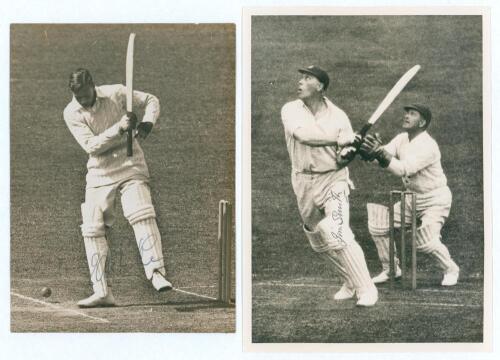 Middlesex C.C.C. Two original mono/ sepia press photographs of Middlesex players in batting action, probably 1930s, both signed in ink to the photograph by the featured player. Players/ signatures are Ian Peebles (Middlesex, Oxford University & England 19
