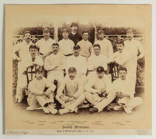 &lsquo;South Africans&rsquo; 1894. Large original sepia photograph of the South African team who played Lord Sheffield&rsquo;s Eleven at Sheffield Park, East Sussex for the opening match of the tour on the 22nd & 23rd May 1894, the players seated and standing in rows weari