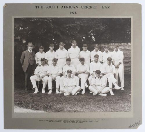 &lsquo;The South African Cricket Team 1924&rsquo;. Large and impressive sepia photograph of the South African touring team to England in 1924, seated and standing in rows, wearing cricket attire and tour caps. The photograph is laid down to official photographers mou