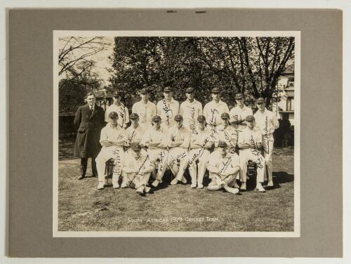 &lsquo;South Africa 1929 Cricket Team&rsquo;. Large official mono photograph of the South African touring party to England, the players seated and standing in rows wearing cricket attire and caps, with the manager, Frielinghaus. Printed title to lower portion of the 