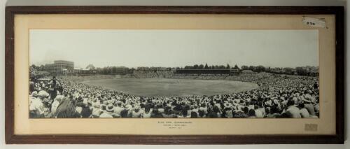 South Africa v England 1948. Large, attractive original panoramic mono photograph of Ellis Park, Johannesburg, taken during the second Test, 27th-30th December 1948, depicting the match in progress with huge crowds in attendance. Printed title to lower mo