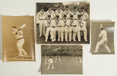 South Africa tour 1947. Four original sepia press photographs from the 1947 tour. Images depict Athol Rowan in batting action, match action from the 3rd Test at Old Trafford, team photograph etc. Players featured include Melville, Rowan, Dawson, Mann, Mit