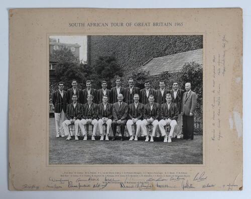 &lsquo;South African tour of Great Britain 1965&rsquo;. Official mono photograph of the South African touring party, sitting and standing in rows, wearing tour blazers. The photograph laid down to official mount with title to top border and players names printed to l