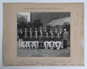 &lsquo;South African tour of Great Britain 1965&rsquo;. Official mono photograph of the South African touring party, sitting and standing in rows, wearing tour blazers. The photograph laid down to official mount with title to top border and players names printed to l