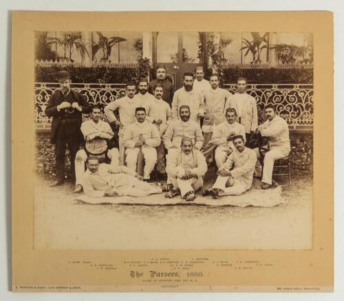 &lsquo;The Parsees [Bombay, India], 1886&rsquo;. Early large original sepia photograph of the Parsees team who played the Sheffield Park team at Sheffield Park, East Sussex on the 24th & 25th May 1886, the players standing and seated in rows wearing blazers, caps and