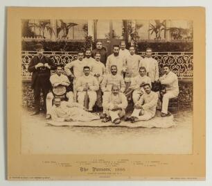 &lsquo;The Parsees [Bombay, India], 1886&rsquo;. Early large original sepia photograph of the Parsees team who played the Sheffield Park team at Sheffield Park, East Sussex on the 24th & 25th May 1886, the players standing and seated in rows wearing blazers, caps and