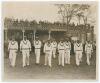 All India tour to England 1936. Large original mono press photograph depicting the Indian team being led on to the field by captain Maharai Kumar of Vizianagram for the opening match of the 1936 tour v A.P. [Tich] Freeman&rsquo;s XI at the Bat and Ball Ground,