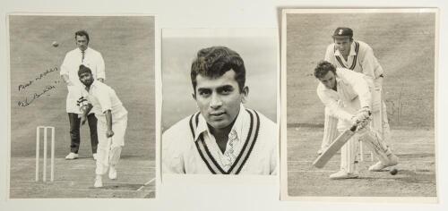 India test cricketers 1960s/1970s. Three original mono press photographs, each signed by the featured player. Ashok Mankad batting against Surrey in the 1971 tour match, Bishan Bedi in bowling action, date unknown, both 10&rdquo;x8&rdquo;, and a head and shoulders pl