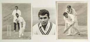 India test cricketers 1960s/1970s. Three original mono press photographs, each signed by the featured player. Ashok Mankad batting against Surrey in the 1971 tour match, Bishan Bedi in bowling action, date unknown, both 10&rdquo;x8&rdquo;, and a head and shoulders pl