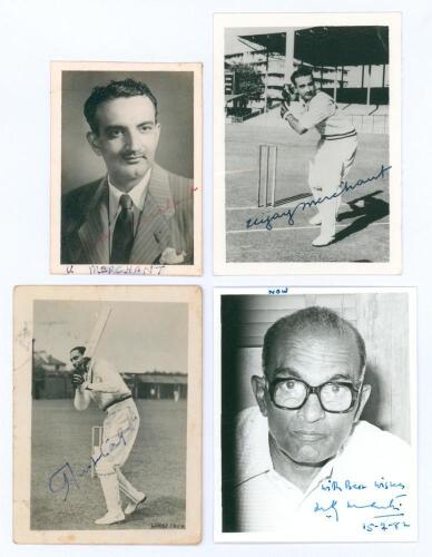 Indian Test cricketers. Four small mono photographs, two of Vijay Merchant (India 1933-1951), one of Mustaq Ali (India 1934-1952) and the other of M.K. Mantri (India 1951-1955). All signed to image by the player in ink. All around 2.75&rdquo;x3.5&rdquo;. Odd faults o