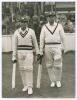 India tour to England 1946. Original mono press photograph of two Indian batsmen, S.N. Banerjee and C.T. Sarwate walking out to bat during the 1946 tour. Match unknown, most likely a tour match as Banerjee did not play in the 1946 Test series. Central Pre