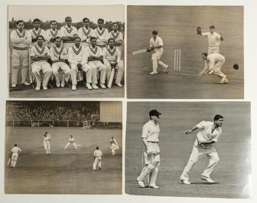 India tour to England 1952. Four original mono press photographs from the 1952 tour. Images include the team seated and standing in rows wearing cricket attire, taken at Osterley for the opening match of the tour v Indian Gymkhana Club. Photo by Fox. Acti