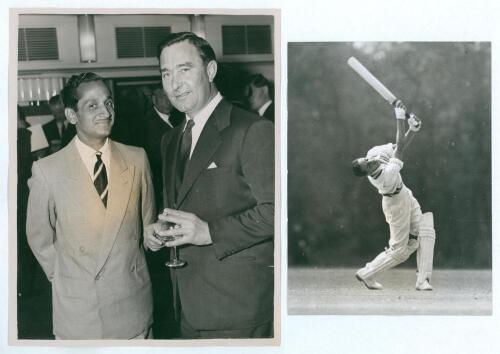 India tour to England 1959. D.K. Gaekwad. Two good original mono press photographs of the Indian captain, D.K. Gaekwad. One depicts Gaekwad standing with Denis Compton at a function, 8&rdquo;x10&rdquo; by Keystone, the other of Gaekwad playing a lusty drive, 6&rdquo;x8&rdquo; by