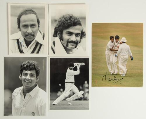 India Test cricketers 1970s-1990s. Five good press photographs of India Test players, each signed by the featured player. Images/ signatures include mono head and shoulders player portraits of Brijesh Patel, Syed Kirmani, both Central Press Photos, and Aj
