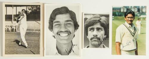India Test cricketers 1970s/1980s. Mono press photograph of Venkataraghavan in bowling action, signed to the photograph by Venkat. 4.75&rdquo;x6.5&rdquo;, photographer unknown. Also three player profile pictures, two mono one colour, each signed by the featured playe