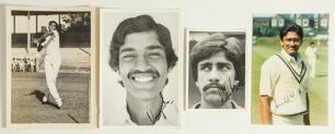 India Test cricketers 1970s/1980s. Mono press photograph of Venkataraghavan in bowling action, signed to the photograph by Venkat. 4.75&rdquo;x6.5&rdquo;, photographer unknown. Also three player profile pictures, two mono one colour, each signed by the featured playe