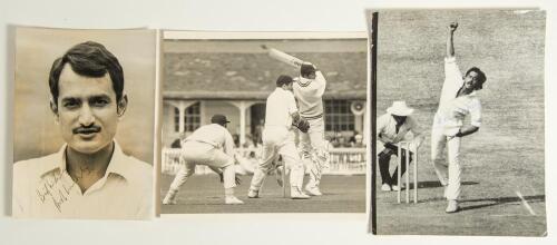 India tour to England 1971. Three good original mono press photographs. One is a head and shoulders player portrait of the Indian captain Ajit Wadekar, nicely signed in ink to the photograph by Wadekar. 6&rdquo;x8&rdquo;. Another shows Mankad in batting action in the