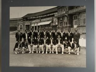 Indian tour of England 1971. Large exhibition style mono photograph of the Indian touring team taken in front of the pavilion at the Oval in 1971. The players, sitting and standing in rows, wearing cricket attire and touring blazers include Ajit Wadekar (