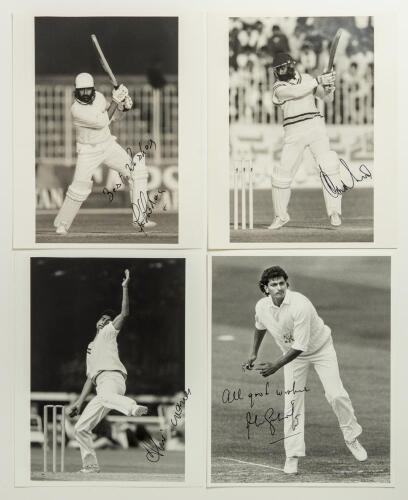 India test cricketers 1989-1991. Four original mono press photographs of Indian players in match action, each photograph signed by the featured player. Subjects and signatures are Manoj Prabhakar and Navjot Sidhu for India v Pakistan in Pakistan 1989, Atu