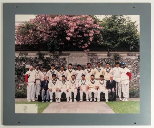 Indian tour of England 1996. Large exhibition style colour photograph of the Indian touring team taken in the Harris Gardens at Lord&rsquo;s in 1996. The players, sitting and standing in rows, wearing cricket attire include Mohammad Azharuddin (Cpt), Tendulkar,