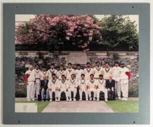 Indian tour of England 1996. Large exhibition style colour photograph of the Indian touring team taken in the Harris Gardens at Lord&rsquo;s in 1996. The players, sitting and standing in rows, wearing cricket attire include Mohammad Azharuddin (Cpt), Tendulkar,