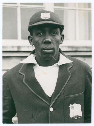 Learie Nicholas Constantine. Trinidad, Barbados & West Indies 1921-1939. Excellent pre tour, head and shoulders, press photograph of Constantine wearing West Indies cap and blazer. Nicely signed in ink by Constantine to darker area . 6&rdquo;x8&rdquo;. Central Press 