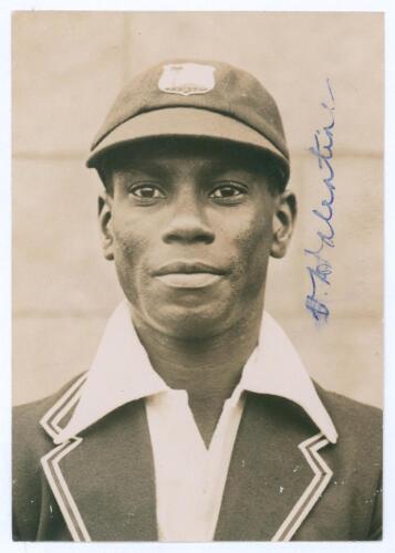 Vincent Adolphus Valentine. West Indies 1933. Excellent pre 1933 tour, head and shoulders, press photograph of Valentine wearing West Indies cap and blazer. Nicely signed in ink by Valentine, some smudging to signature . 4&rdquo;x6&rdquo;. Central Press Agency. Excel