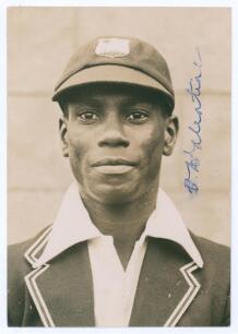 Vincent Adolphus Valentine. West Indies 1933. Excellent pre 1933 tour, head and shoulders, press photograph of Valentine wearing West Indies cap and blazer. Nicely signed in ink by Valentine, some smudging to signature . 4&rdquo;x6&rdquo;. Central Press Agency. Excel