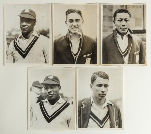 West Indies tour of England 1939. Excellent pre tour, head and shoulders, press photographs of five of the tourists being George Hedley, Geoffrey Stolmeyer, Edward Williams, Kenneth Weekes and Ivan Barrow, all in West Indies cricket attire. 6&rdquo;x8&rdquo;. Keyston