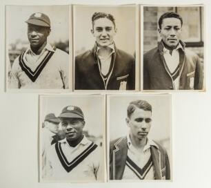 West Indies tour of England 1939. Excellent pre tour, head and shoulders, press photographs of five of the tourists being George Hedley, Geoffrey Stolmeyer, Edward Williams, Kenneth Weekes and Ivan Barrow, all in West Indies cricket attire. 6&rdquo;x8&rdquo;. Keyston
