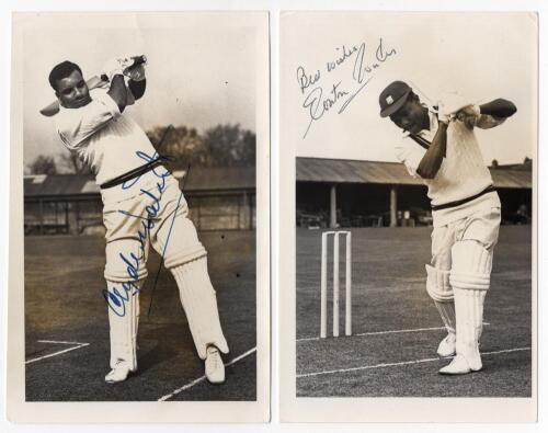 Clyde Walcott and Everton Weekes. West Indies 1950s. Two nice mono press photographs of each batsman in batting pose and signed to the photograph by the featured player. Sport and General Press Agency, London. Each 3.75&rdquo;x6&rdquo;. Good/ very good condition.