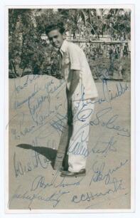 West Indies tour of India & Pakistan 1958/59. A postcard size photograph of a young Indian cricketer, signed to image by fourteen members of the West Indies touring party. Signatures include Alexander (Cpt), Hunte, Sobers, Hall, Ramadhin, Hendriks, Gibbs