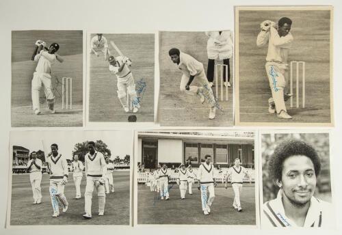 West Indies test cricketers 1960s/1970s. Seven original mono press photographs, each signed by the featured player(s). Garry Sobers walking off the field at Lord&rsquo;s having ended the day 121no v England at Lord&rsquo;s 1966, signed by Sobers. Sobers leading the t
