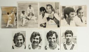 Pakistan test cricketers 1960s/1970s. Eight original mono press photographs, each signed by the featured player. Includes player profile head and shoulder pictures of Saqdiq Mohammad, Mushtaq Mohammad, Asif Iqbal, and Wasim Bari. Also Zaheer Abbas and Maj