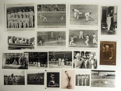 Don Bradman. A collection of fifty modern copy photographs, all featuring or relating to Bradman on various tours from the 1930s and 1948. Subjects include Bradman in batting action, on a train, signing bats, playing tennis, on board ship, with his wife, 