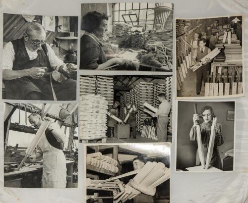 Cricket bat production photographs. Good selection of press photographs showing bat making, techniques etc. Companies shown include Wainwrights of Leeds 1920&rsquo;s and 1930&rsquo;s, Surridge, F. Church 1950&rsquo;s, A. Baily 1950&rsquo;s, Gray-Nicolls 1960&rsquo;s, Warsop 1970&rsquo;s etc