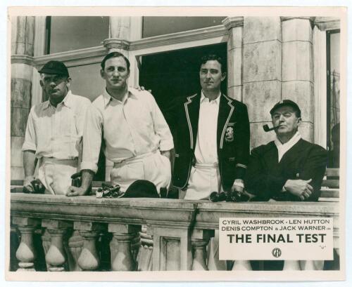 &lsquo;The Final Test&rsquo; 1953. Four original official mono photographs of stills from the film starring Jack Warner, directed by Anthony Asquith. One photograph features Warner in his character of Sam Palmer, playing his farewell Test match for England, on the ba