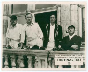 &lsquo;The Final Test&rsquo; 1953. Four original official mono photographs of stills from the film starring Jack Warner, directed by Anthony Asquith. One photograph features Warner in his character of Sam Palmer, playing his farewell Test match for England, on the ba