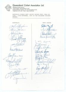 Australia v West Indies November 1984. Official autograph sheet for the second Test played at Brisbane with typed title and players names and by both the Australian and West Indies teams. Twenty six signatures including Hughes and Lloyd (the two captains