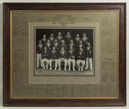 M.C.C. 1928/29. Large original mono photograph of the M.C.C. team who toured Australia in 1928/29, seated and standing in rows and wearing official tour blazers. The photograph laid down to original photographers mount and nicely signed in black ink to lo