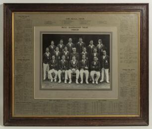 M.C.C. 1928/29. Large original mono photograph of the M.C.C. team who toured Australia in 1928/29, seated and standing in rows and wearing official tour blazers. The photograph laid down to original photographers mount and nicely signed in black ink to lo