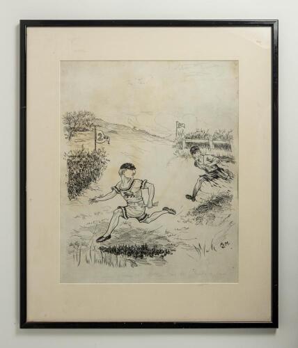 &lsquo;The Test&rsquo; England v Australia 1909. Excellent large original pen and ink artwork by artist &lsquo;A.S.M.&rsquo;, showing the two opposing Captain&rsquo;s Archie Maclaren of England and Monty Noble of Australia depicted running in a cross country race, both wearing athleti