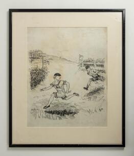 &lsquo;The Test&rsquo; England v Australia 1909. Excellent large original pen and ink artwork by artist &lsquo;A.S.M.&rsquo;, showing the two opposing Captain&rsquo;s Archie Maclaren of England and Monty Noble of Australia depicted running in a cross country race, both wearing athleti