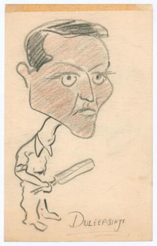 Kumar Shri Duleepsinhji. Sussex, Cambridge University & England 1924-1932. &lsquo;Duleepsinhji&rsquo; Original pencil and coloured crayon caricature drawing of Duleepsinhji in cricket attire and holding a cricket bat. Title to lower border. The drawing by Francis Per