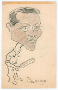 Kumar Shri Duleepsinhji. Sussex, Cambridge University & England 1924-1932. &lsquo;Duleepsinhji&rsquo; Original pencil and coloured crayon caricature drawing of Duleepsinhji in cricket attire and holding a cricket bat. Title to lower border. The drawing by Francis Per